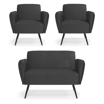 Sofá Namoradeira Com 2 Poltronas Pés Palito De Ferro Bruna Corino - D\'rossi Cor Preto
