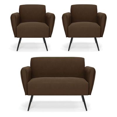 Sofá Namoradeira Com 2 Poltronas Pés Palito De Ferro Bruna Suede - D\'rossi Cor Marrom