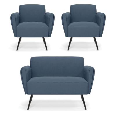 Sofá Namoradeira Com 2 Poltronas Pés Palito De Ferro Bruna Suede Azul Marinho - D\'rossi