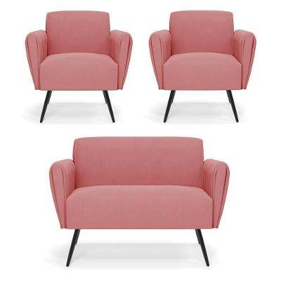 Sofá Namoradeira Com 2 Poltronas Pés Palito De Ferro Bruna Suede - D\'rossi Cor Rose