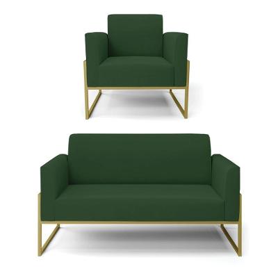 Sofá Namoradeira Com Poltrona Base Industrial Alta Dourado Marisa Veludo Verde D03 - D\'rossi