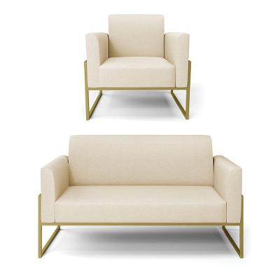 Sofá Namoradeira Com Poltrona Base Industrial Alta Dourado Marisa Linho Bege A19 D03 - D\'rossi