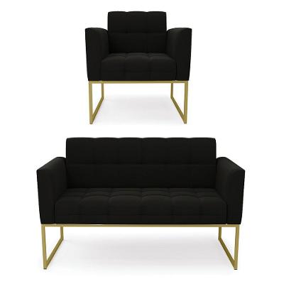 Kit 1 Sofá Namoradeira E 1 Poltrona Suede Base Metálica Industrial Dourado - D\'rossi Cor Preto