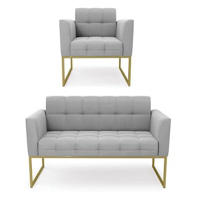 Kit 1 Sofá Namoradeira E 1 Poltrona Suede Base Metálica Industrial Dourado - D\'rossi Cor Cinza