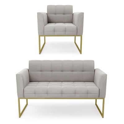 Kit 1 Sofá Namoradeira E 1 Poltrona Veludo Base Metálica Industrial Dourado - D\'rossi Cor Cinza