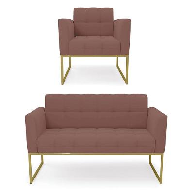 Kit 1 Sofá Namoradeira E 1 Poltrona Elisa Veludo Rosê Base Metálica Industrial Dourado - D\'rossi