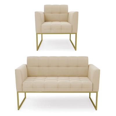Kit 1 Sofá Namoradeira E 1 Poltrona Elisa Suede Base Metálica Industrial Dourado - D\'rossi Cor Bege