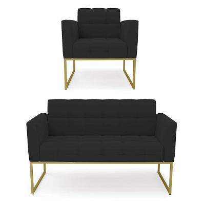 Kit 1 Sofá Namoradeira E 1 Poltrona Veludo Base Metálica Industrial Dourado - D\'rossi Cor Preto