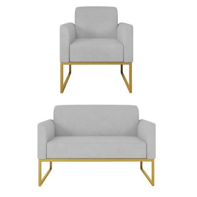 Kit 01 Namoradeira E 01 Poltrona Marisa Suede Cinza Base Industrial Metálica Dourado D\'rossi