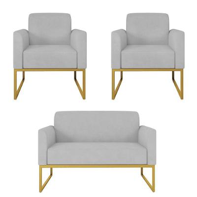 Kit 01 Namoradeira E 02 Poltronas Marisa Suede Cinza Base Industrial Metálica Dourado D\'rossi