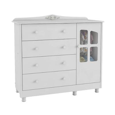 Cômoda De Bebê 1 Porta Com Janela E 4 Gavetas Elô New Móveis Peroba Branco Brilho Branco Brilho
