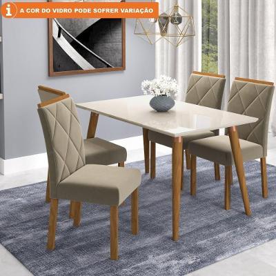 Conj Sala De Jantar 130x80 Tampo Em Mdf-vidro 4 Cadeiras Madeira Off White Joli