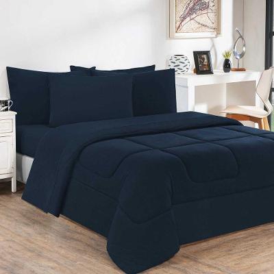 Kit EdredomJogo De Lençol Malha 100% Algodão 6 Peças Casal - Azul Marinho-azul Marinho