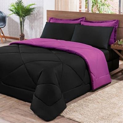Kit Edredom + Jogo De Lençol Aconchego Look House Dupla Face Casal Queen 06 Peças - Preto- Roxo