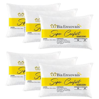 Kit 6 Travesseiros 50x70cm Antialérgico Lavável Fibra Siliconada Macio Confort - Branco.