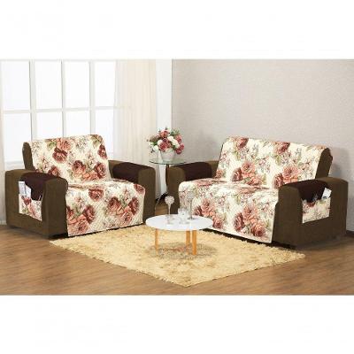 Protetor Capa De Sofa Aquarela Estampado 2 E 3 Lugares - Floral Marrom.