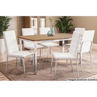 Mesa de Sala Jantar Reno c/ Tampo Madeira 160cm + 6 Cadeiras Amsterdã Cromada - Assento Branco 106 - Kappesberg