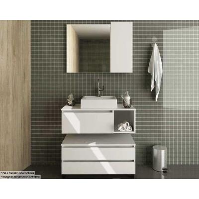 Conjunto De Banheiro Armário C- Espelho Bn3602 Balcão Suspenso Bn3601 E Balcão C- Rodizios Bn3603 S- Cuba Pia 80cm Cor Branco - Tecno Mobili