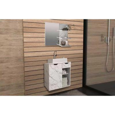 Conjunto De Banheiro Armário C- Espelho Bn3608 E Balcão Suspenso Bn3605 C- Cuba Pia Bn3600 60cm Cor Mármore Branco - Tecno Mobili