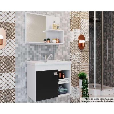 Balcão p/ Banheiro Suspenso Lótus Bia 1Pta e 2Nichos +Armário Espelheira +Bancada Pia 55cm cor Branco/Preto - MGM