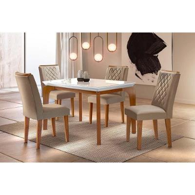 Sala de Jantar Completa Londrina c/ Tampo Madeirado c/ Vidro 120cm + 4 Cadeiras Jade Imbuia/Linho Turim - Rufato
