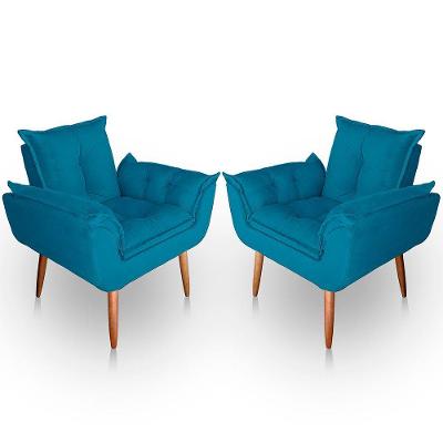 Kit 02 Poltrona Para Sala E Quarto Decorativa Opala Suede Cor Azul Turquesa