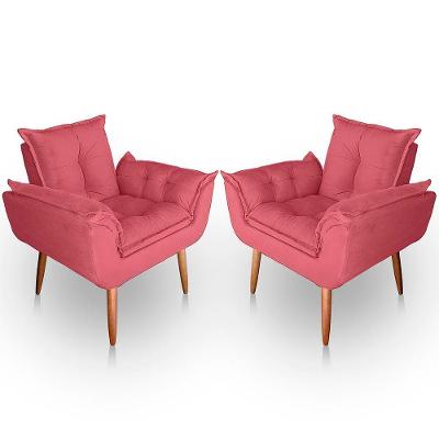 Kit 02 Poltrona Para Sala E Quarto Decorativa Opala Suede Cor Rosa