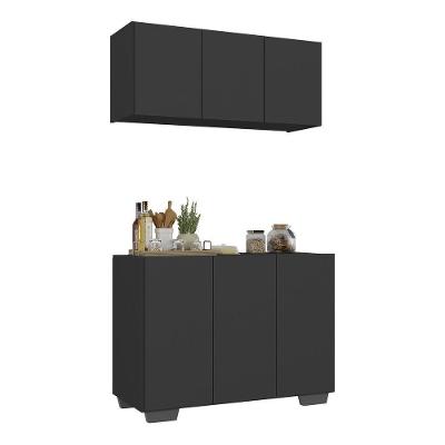 Kit Armário De Cozinha Aéreo E Balcão 3 Portas Multimóveis Mp2169 Preto Preto
