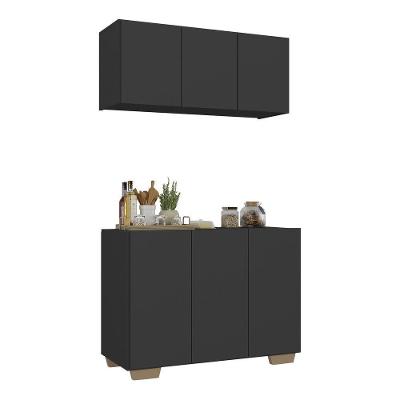 Kit Armário De Cozinha Aéreo E Balcão 3 Portas Multimóveis Mp2169 Preto/natural Preto/natural