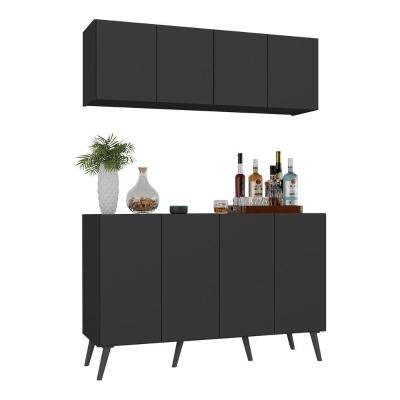 Kit Bar Armário Aéreo E Aparador 4 Portas Retrô Multimóveis Mp1086 Preto Preto