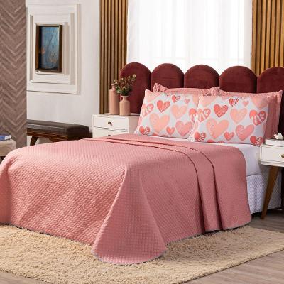 Kit Cobre Leito Corações Rosê/branco Dupla Face Com Fronhas Estampadas Casal Padrão 05 Peças
