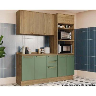 Cozinha Completa Botanic 4 Peças (1 Armário + 1 Balcão + 1 Paneleiro + 1 Complemento) M664 Nogueira/Verde Oliva - Kappesberg