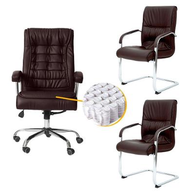 Kit Cadeiras De Escritório, 1 Cadeira Presidente Munique Big + 2 Fixas Marrom - Waw Design
