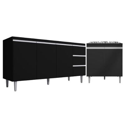 Kit Balcão Gabinete Para Pia Andreia 150cm C- Balcão Cooktop 4 Ou 5 Bocas Preto