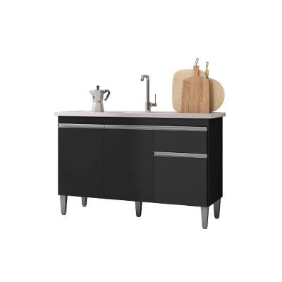 Balcão Gabinete P-pia Tatiane 120cm 3 Portas E 1 Gaveta C-tampo Preto