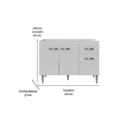 Balcão Gabinete Para Pia Gabriela Sem Tampo 120cm 3 Portas 1 Gaveta Branco