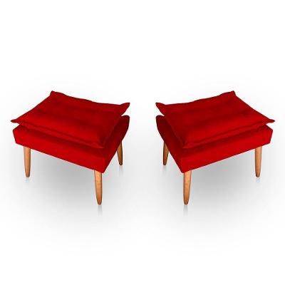Kit 02 Puff Para Sala E Quarto Madeira Decorativo Opala Suede Cor Vermelho