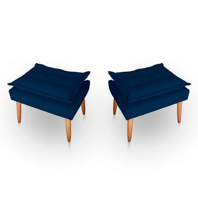 Kit 02 Puff Para Sala E Quarto Madeira Decorativo Opala Suede Cor Azul Marinho
