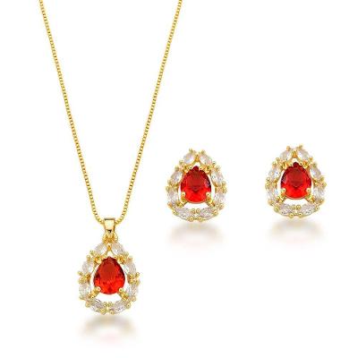 Conjunto Colar e Brincos Com Zirconia Gota Vermelha Banhada A Ouro 18k 60cm