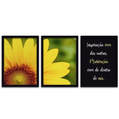 Conjunto Quadros Decorativos 3 Peças 20x30 Girassol Titulos Moldura Preta