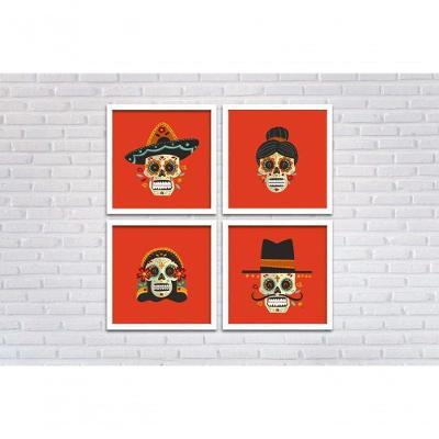 Conjunto Quadros Decorativos 4 Peças 40x40 Titulos Moldura Branca Fundo Laranja