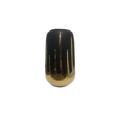 Vaso Decorativo De Cerâmica Preto Com Pintura Dourada - Master Decor