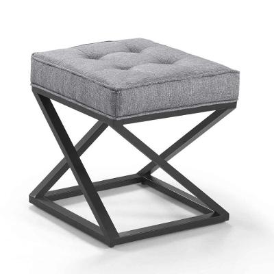 Puff Quadrado Mônaco Linho Cinza Pés Metal Preto