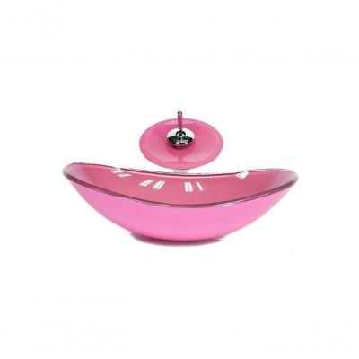Cuba De Vidro Oval 47cm Rosa + Valvula + Torneira Cascata