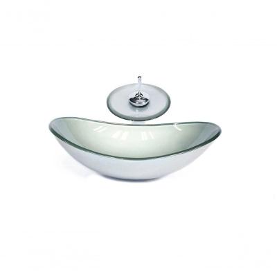 Cuba De Vidro Oval 47cm Prata + Valvula + Torneira Cascata