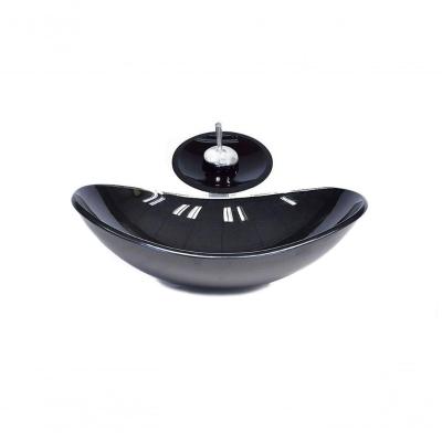 Cuba De Vidro Oval 47cm Preta + Valvula + Torneira Cascata