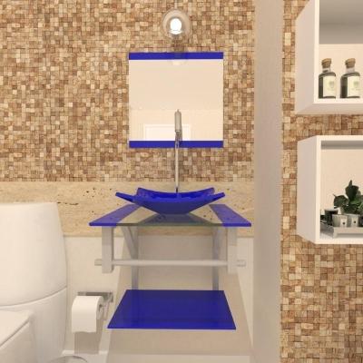 Gabinete De Vidro 40cm Ac Cuba Quadrada Azul Escuro