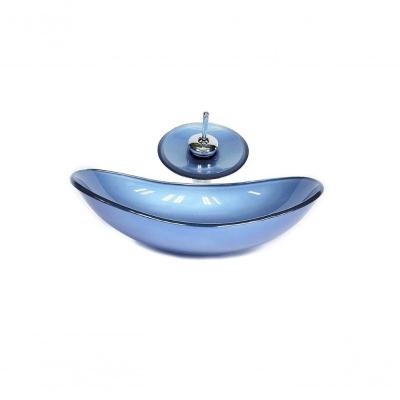 Cuba De Vidro Oval 47cm Azul + Valvula + Torneira Cascata