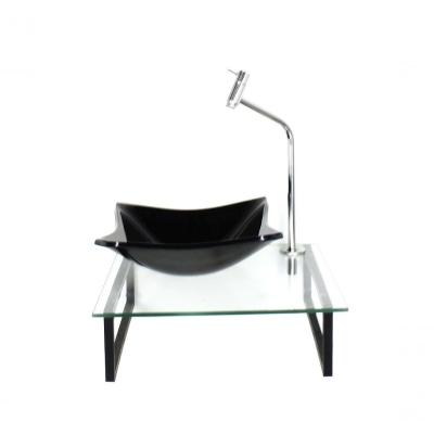 Kit Cuba De Vidro Quadrada 10mm Preta Com Tampo 40cm Incolor E Suporte Preto