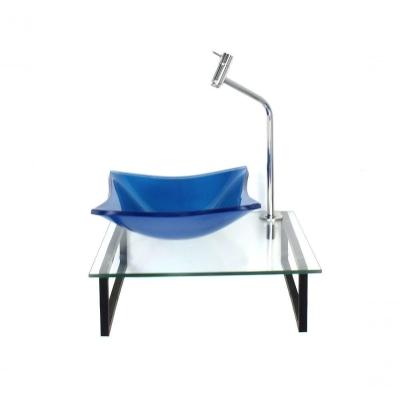 Kit Cuba De Vidro Quadrada 10mm Azul Escuro Com Tampo 40cm Incolor E Suporte Preto